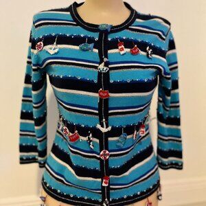 Vintage Cardigan Sweater Blue Stripes Beaded Nautical Applique